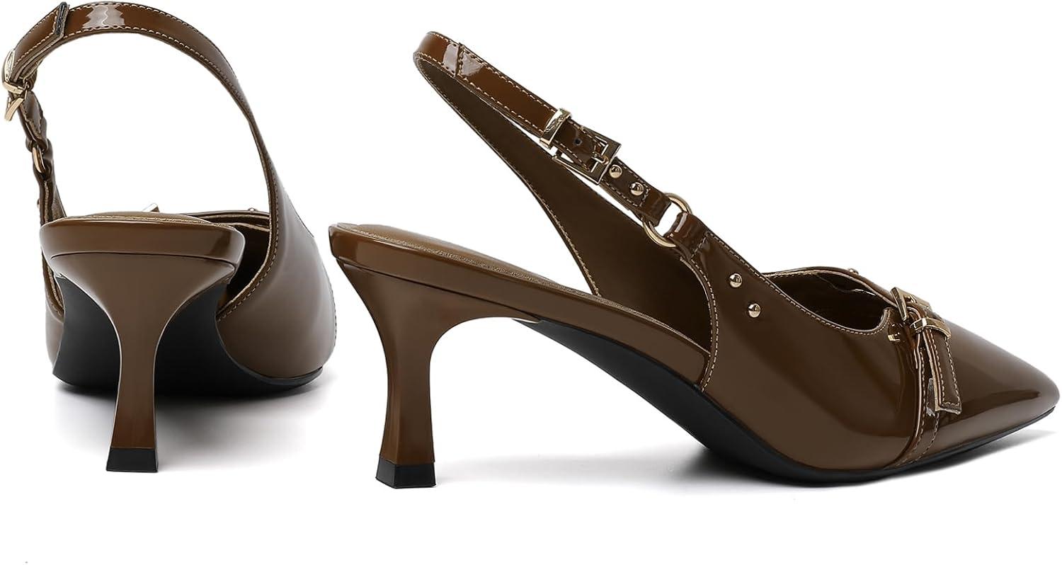 imageMostrin Slingback Kitten Heels for Women Pointed Closed Toe Heels Low Pumps Shoes for Party Work OfficeBrown02