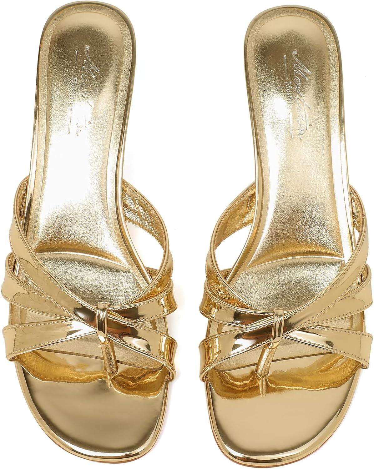 imageMostrin Strappy Kitten Heels for Women Round Open Toe Flip Flops Slip On Mules Heels Fashion Thong Heeled Sandals for Party Wedding HolidayGold Paten