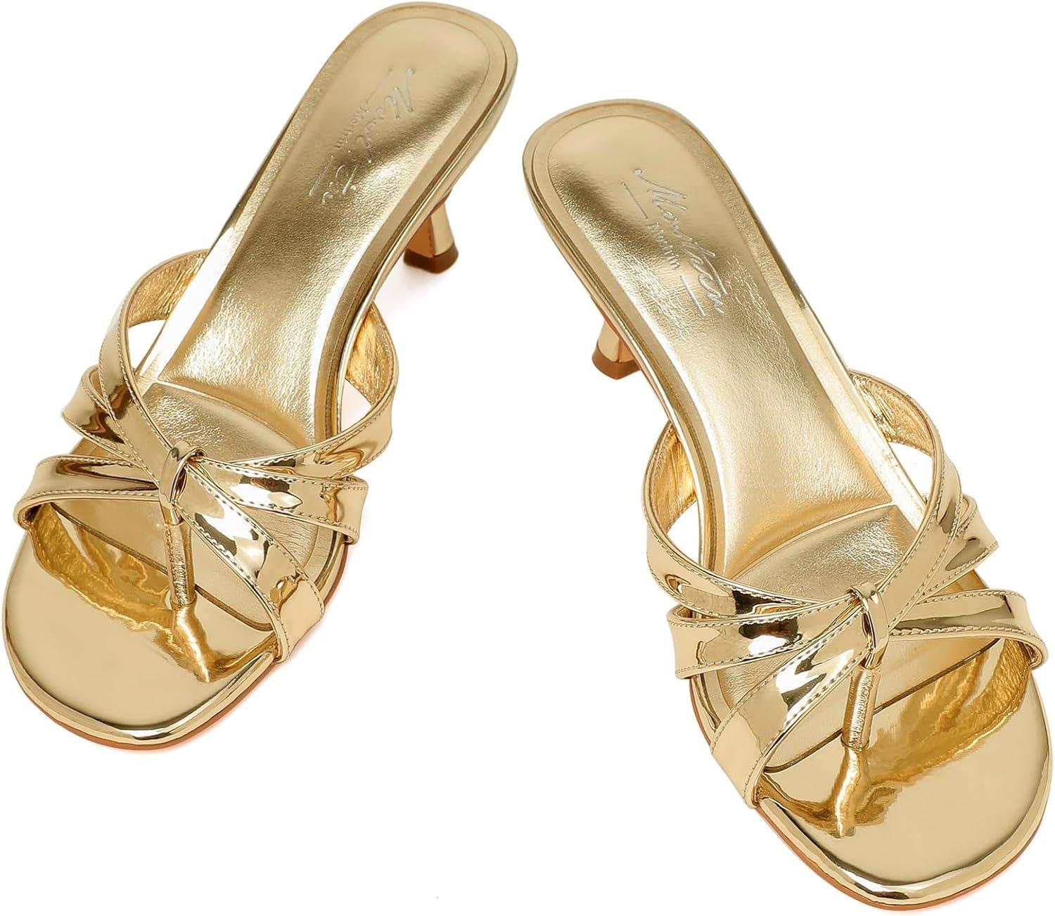 imageMostrin Strappy Kitten Heels for Women Round Open Toe Flip Flops Slip On Mules Heels Fashion Thong Heeled Sandals for Party Wedding HolidayGold Paten