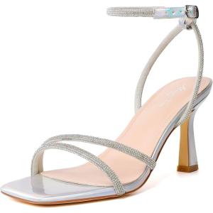 imageMostrin Womens Sandals Strappy Heels for Women Ankle Strap Lace Up Square Open Toe Heels Tie Up Stiletto High Heeled Sandals for Prom Party Daily WearLh07sparkling Silver