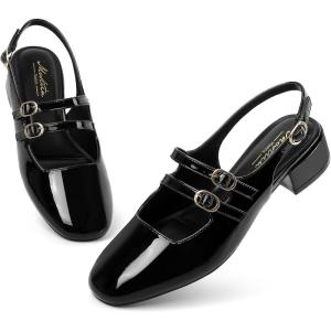 imageMostrin Mary Jane Shoes Women Slingback Chunky Low Heels for Women Closed Rounded Toe Ankle Strap Pumps Daily Wedding Party Dress ShoesBlack