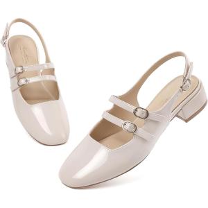 imageMostrin Mary Jane Shoes Women Slingback Chunky Low Heels for Women Closed Rounded Toe Ankle Strap Pumps Daily Wedding Party Dress ShoesNude
