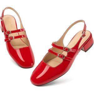 imageMostrin Mary Jane Shoes Women Slingback Chunky Low Heels for Women Closed Rounded Toe Ankle Strap Pumps Daily Wedding Party Dress ShoesRed