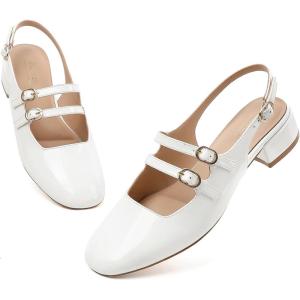 imageMostrin Mary Jane Shoes Women Slingback Chunky Low Heels for Women Closed Rounded Toe Ankle Strap Pumps Daily Wedding Party Dress ShoesWhite