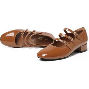 imageMostrin Mary Jane Shoes Women Round Toe Dress Shoes for Women Chunky Low Heels Adjustable Buckle Strap Pumps for Work Office Wedding PartyBrown