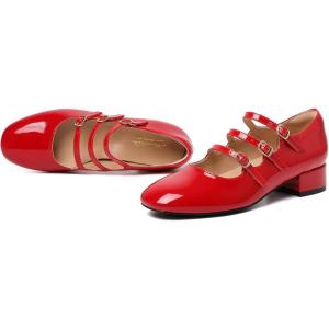 imageMostrin Mary Jane Shoes Women Round Toe Dress Shoes for Women Chunky Low Heels Adjustable Buckle Strap Pumps for Work Office Wedding PartyRed