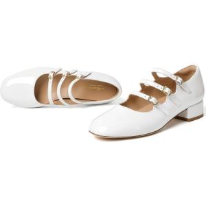 imageMostrin Mary Jane Shoes Women Round Toe Dress Shoes for Women Chunky Low Heels Adjustable Buckle Strap Pumps for Work Office Wedding PartyWhite