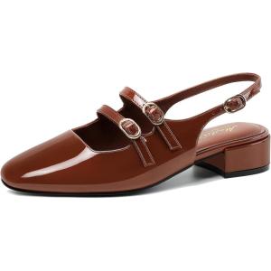 imageMostrin Mary Jane Shoes Women Slingback Chunky Low Heels for Women Closed Rounded Toe Ankle Strap Pumps Daily Wedding Party Dress ShoesBrown