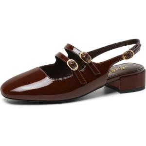 imageMostrin Mary Jane Shoes Women Slingback Chunky Low Heels for Women Closed Rounded Toe Ankle Strap Pumps Daily Wedding Party Dress ShoesChocolate