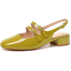 imageMostrin Mary Jane Shoes Women Slingback Chunky Low Heels for Women Closed Rounded Toe Ankle Strap Pumps Daily Wedding Party Dress ShoesGreen