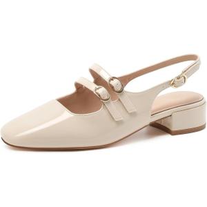 imageMostrin Mary Jane Shoes Women Slingback Chunky Low Heels for Women Closed Rounded Toe Ankle Strap Pumps Daily Wedding Party Dress ShoesNude