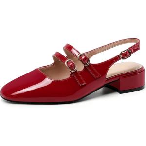 imageMostrin Mary Jane Shoes Women Slingback Chunky Low Heels for Women Closed Rounded Toe Ankle Strap Pumps Daily Wedding Party Dress ShoesRed