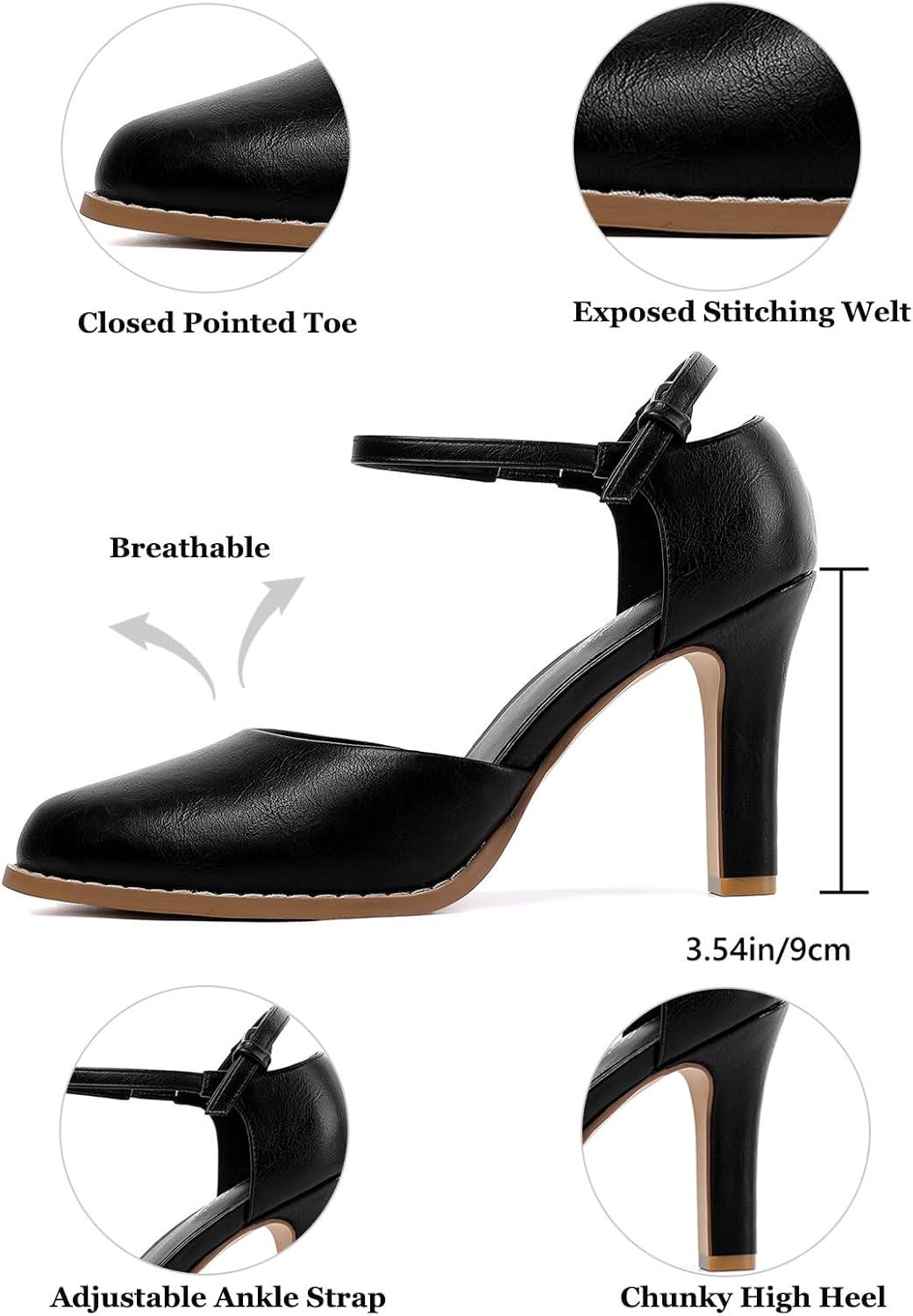 imageMostrin Womens Chunky High Heels Closed Toe Ankle Strap Pumps Vintage Party Work Office Pumps Shoes Comfortable Dress Shoes for WomenBlack
