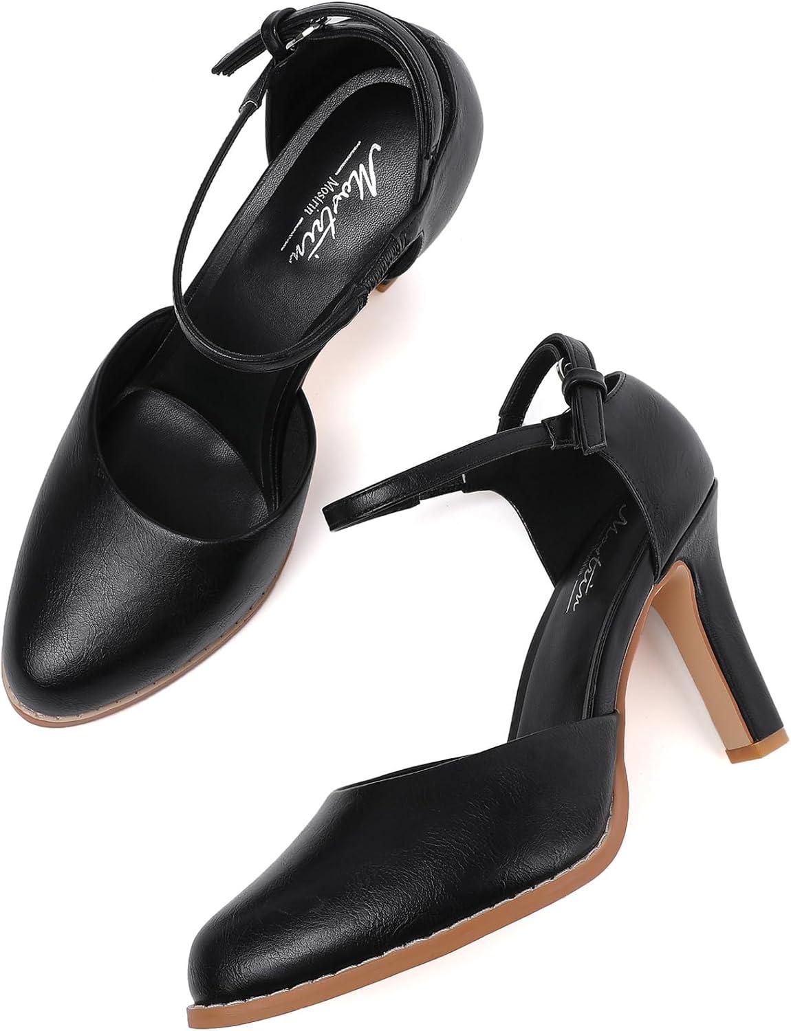 imageMostrin Womens Chunky High Heels Closed Toe Ankle Strap Pumps Vintage Party Work Office Pumps Shoes Comfortable Dress Shoes for WomenBlack