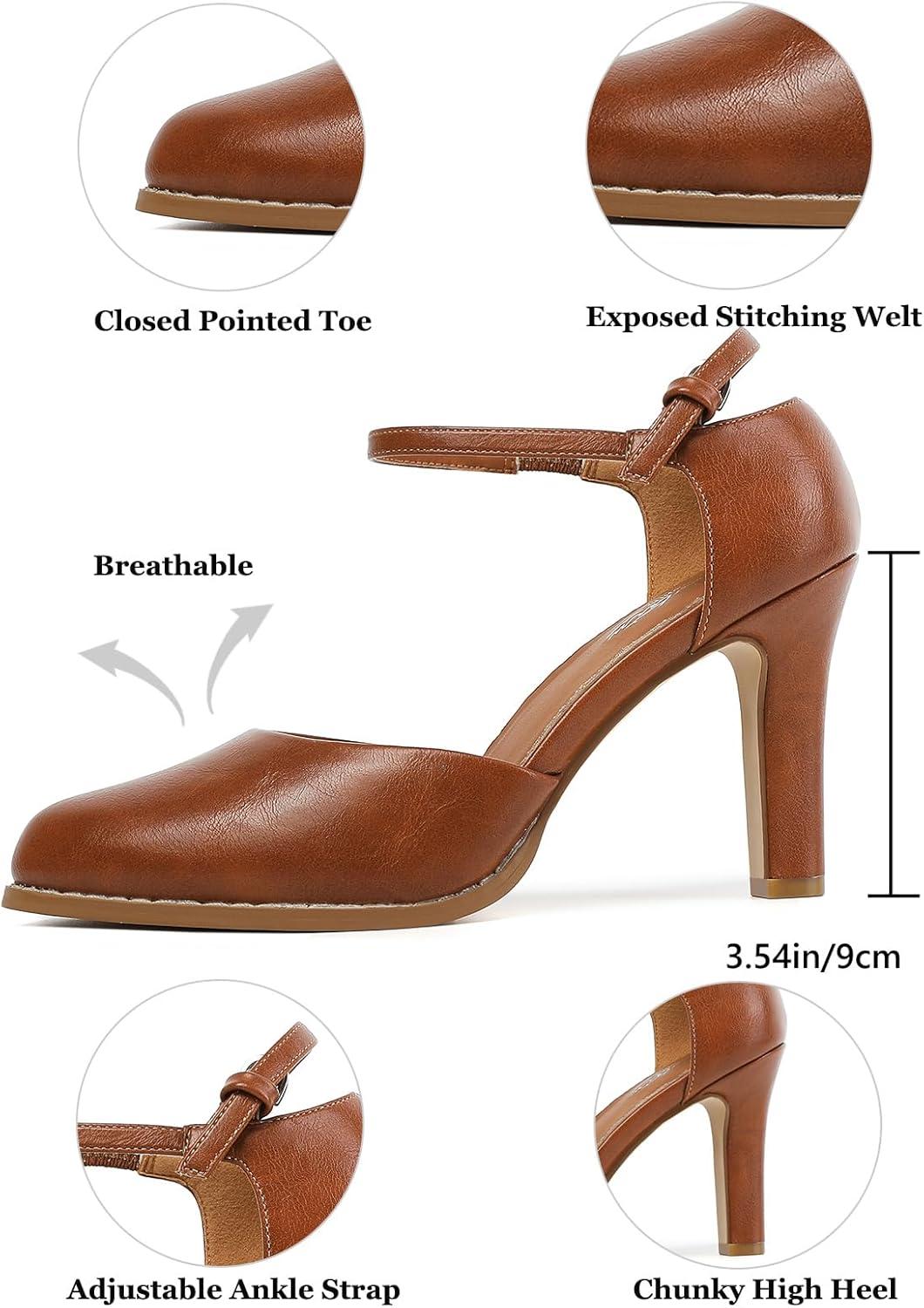 imageMostrin Womens Chunky High Heels Closed Toe Ankle Strap Pumps Vintage Party Work Office Pumps Shoes Comfortable Dress Shoes for WomenBrown