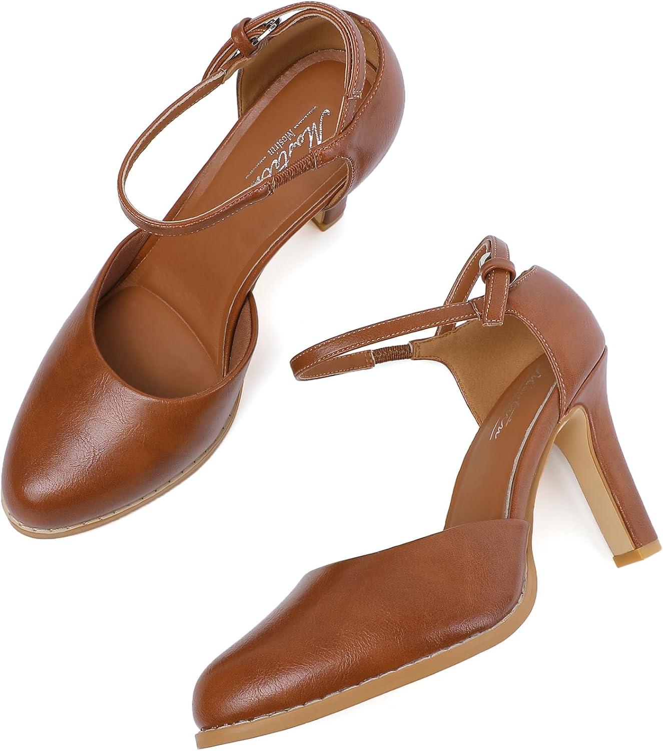 imageMostrin Womens Chunky High Heels Closed Toe Ankle Strap Pumps Vintage Party Work Office Pumps Shoes Comfortable Dress Shoes for WomenBrown