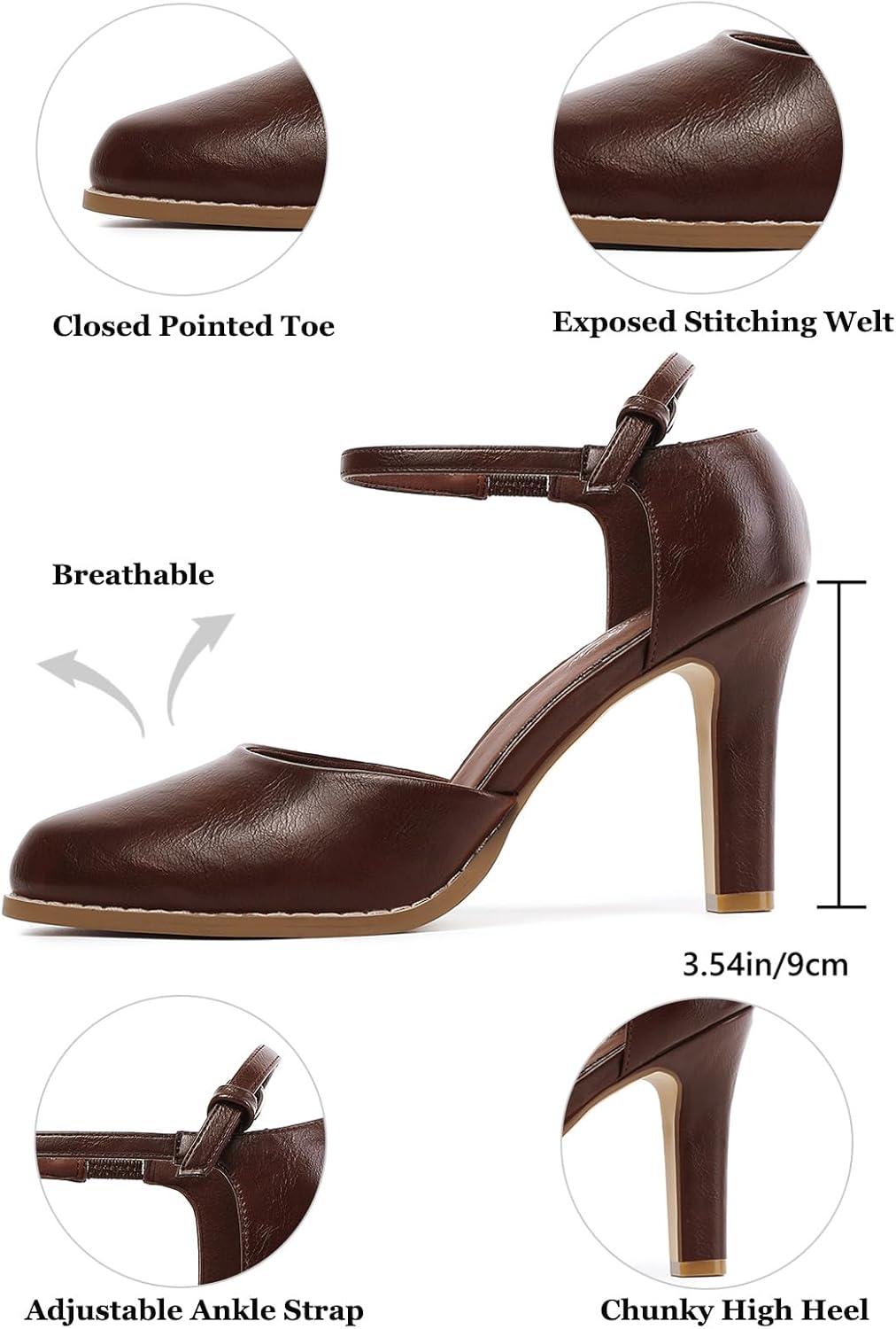 imageMostrin Womens Chunky High Heels Closed Toe Ankle Strap Pumps Vintage Party Work Office Pumps Shoes Comfortable Dress Shoes for WomenDark Brown