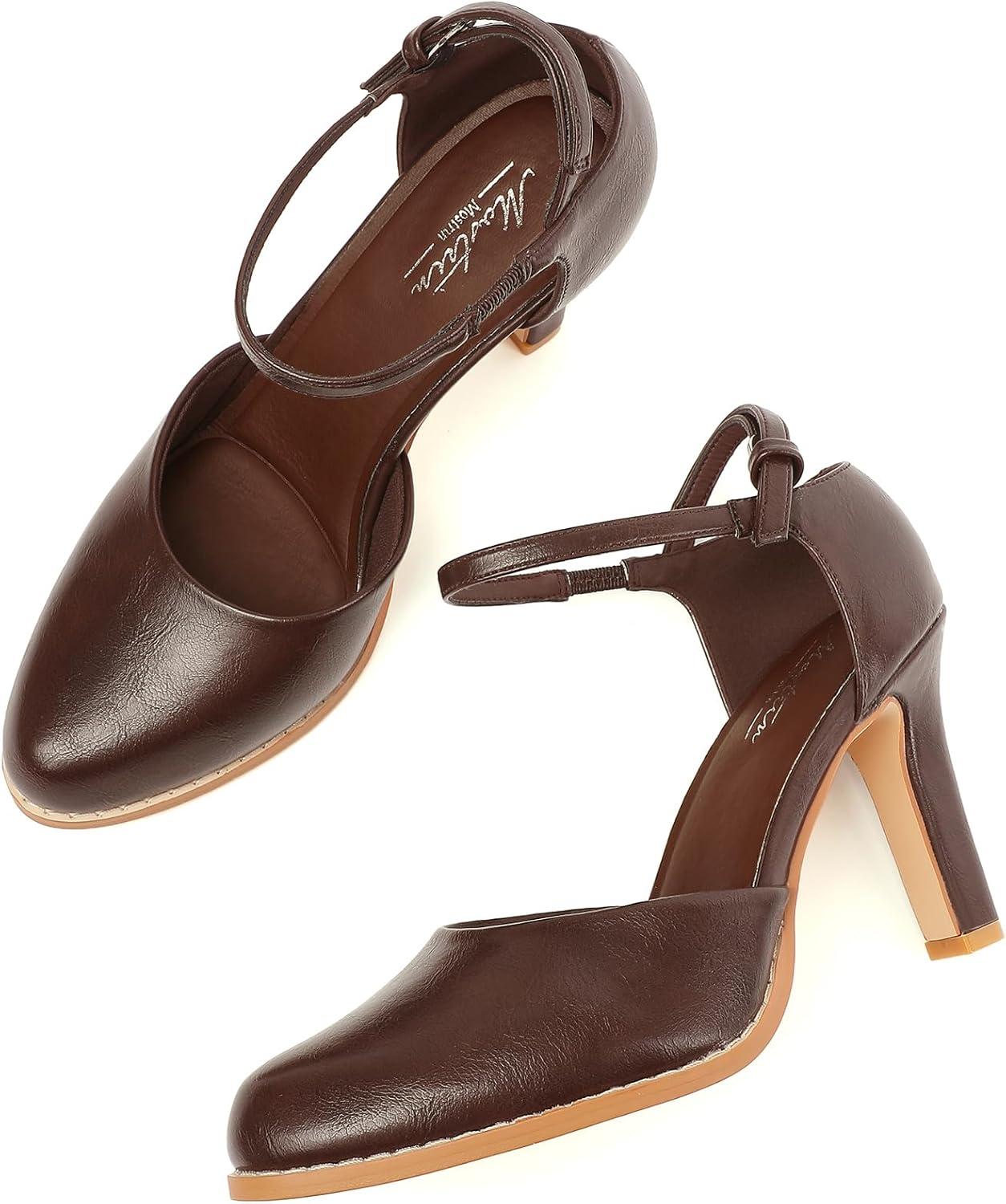 imageMostrin Womens Chunky High Heels Closed Toe Ankle Strap Pumps Vintage Party Work Office Pumps Shoes Comfortable Dress Shoes for WomenDark Brown