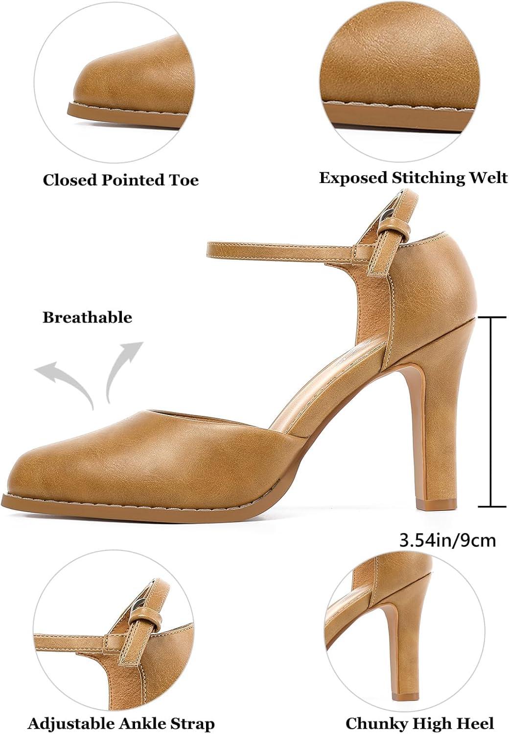 imageMostrin Womens Chunky High Heels Closed Toe Ankle Strap Pumps Vintage Party Work Office Pumps Shoes Comfortable Dress Shoes for WomenLight Brown