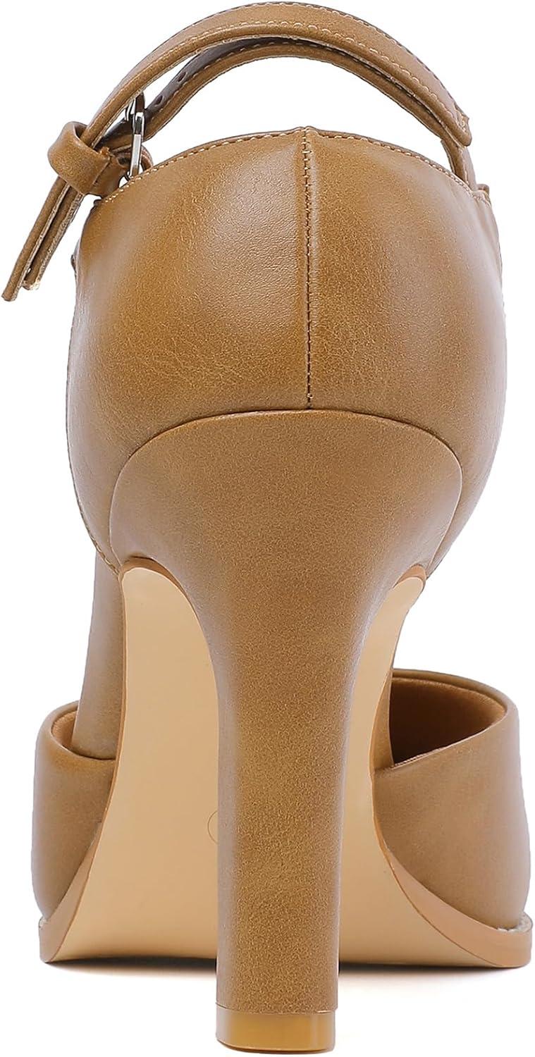 imageMostrin Womens Chunky High Heels Closed Toe Ankle Strap Pumps Vintage Party Work Office Pumps Shoes Comfortable Dress Shoes for WomenLight Brown