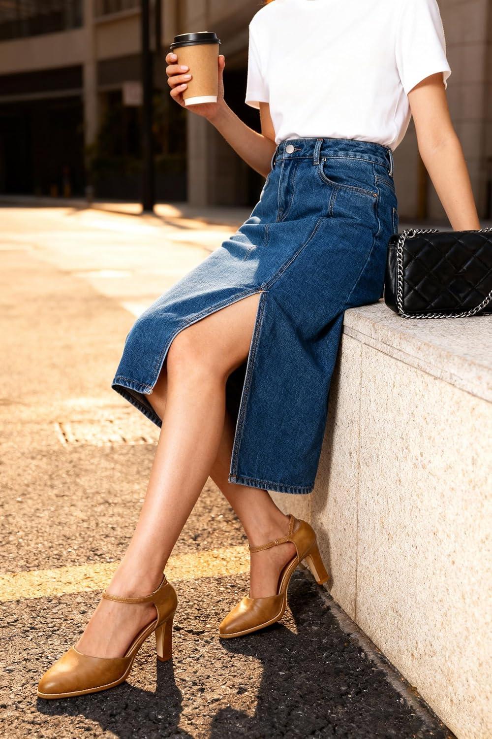 imageMostrin Womens Chunky High Heels Closed Toe Ankle Strap Pumps Vintage Party Work Office Pumps Shoes Comfortable Dress Shoes for WomenLight Brown