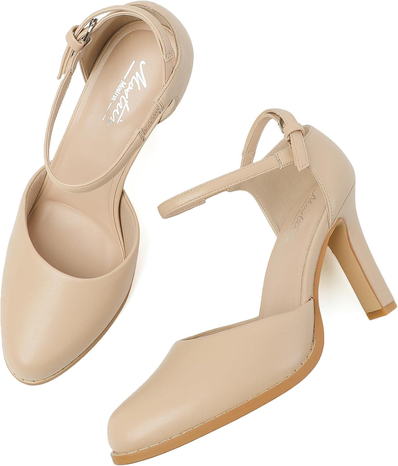 imageMostrin Womens Chunky High Heels Closed Toe Ankle Strap Pumps Vintage Party Work Office Pumps Shoes Comfortable Dress Shoes for WomenNude