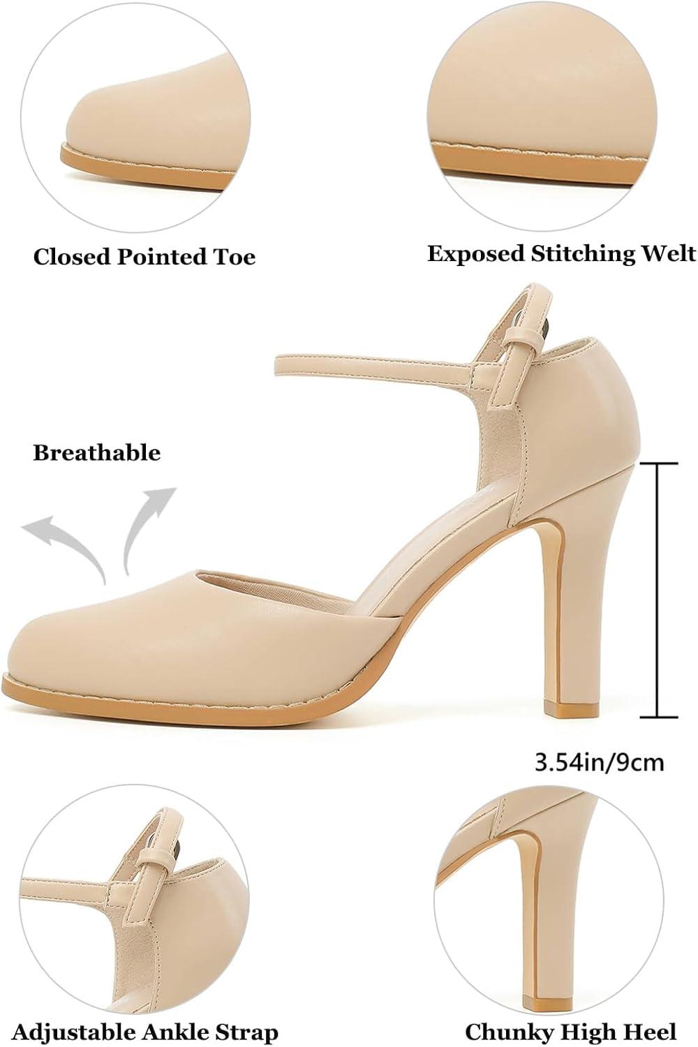 imageMostrin Womens Chunky High Heels Closed Toe Ankle Strap Pumps Vintage Party Work Office Pumps Shoes Comfortable Dress Shoes for WomenNude