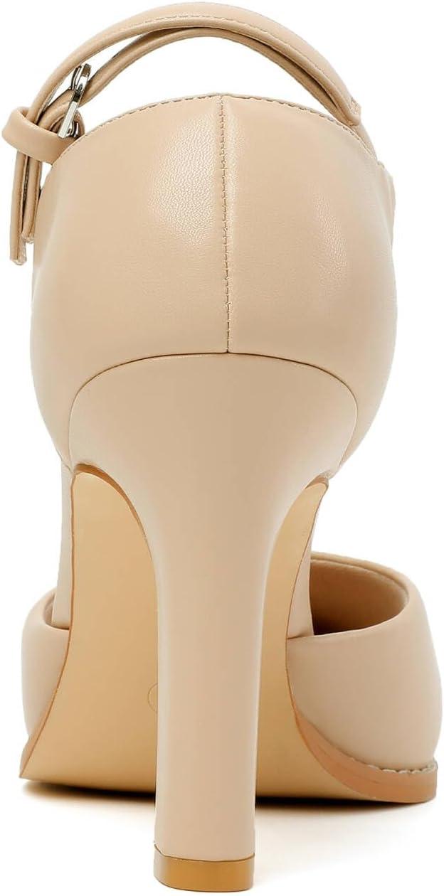 imageMostrin Womens Chunky High Heels Closed Toe Ankle Strap Pumps Vintage Party Work Office Pumps Shoes Comfortable Dress Shoes for WomenNude