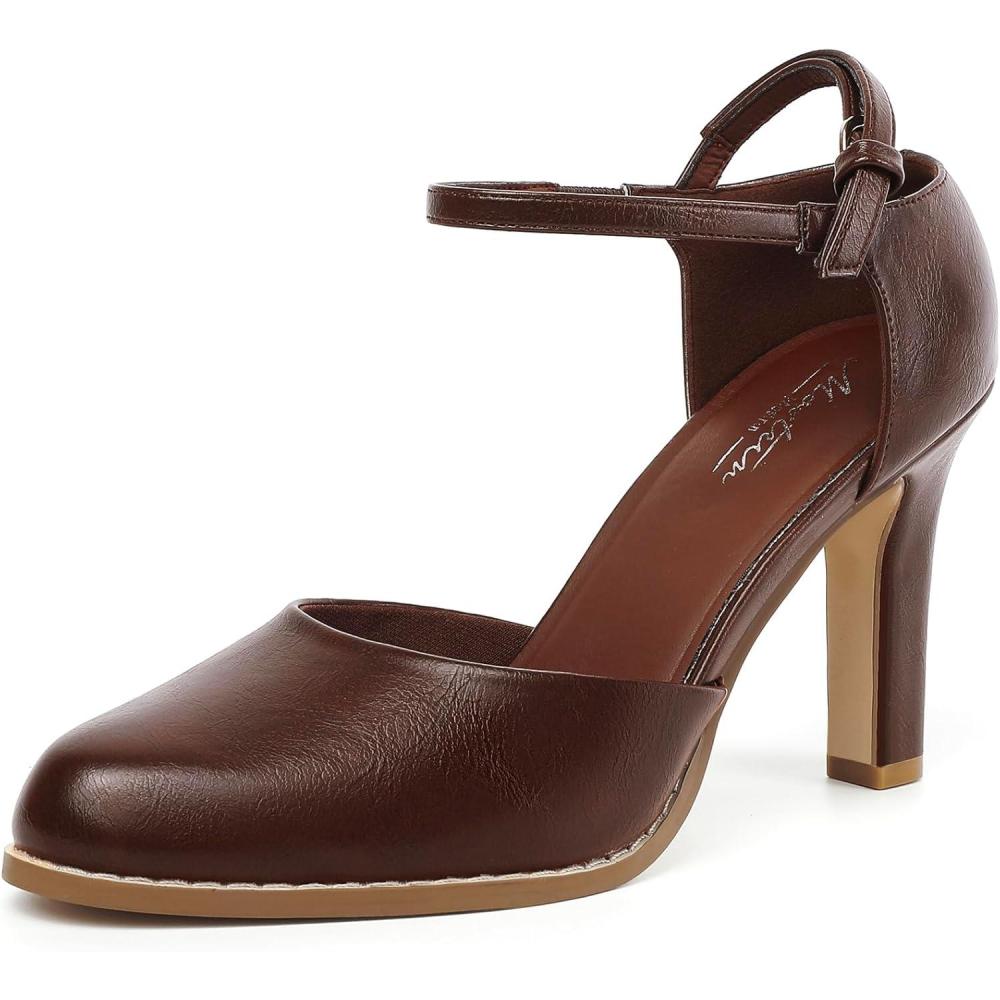 imageMostrin Womens Chunky High Heels Closed Toe Ankle Strap Pumps Vintage Party Work Office Pumps Shoes Comfortable Dress Shoes for WomenDark Brown