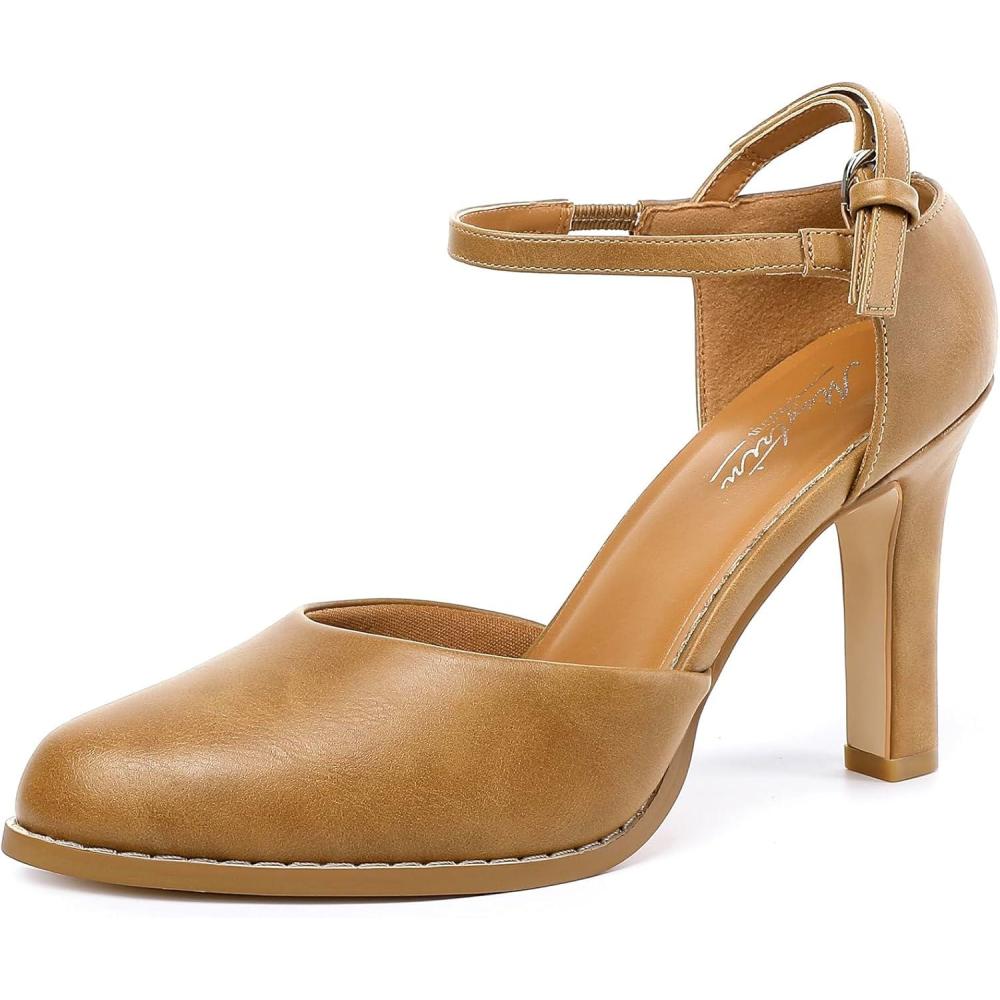 imageMostrin Womens Chunky High Heels Closed Toe Ankle Strap Pumps Vintage Party Work Office Pumps Shoes Comfortable Dress Shoes for WomenLight Brown
