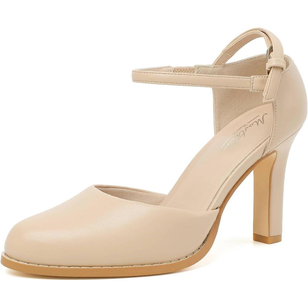 imageMostrin Womens Chunky High Heels Closed Toe Ankle Strap Pumps Vintage Party Work Office Pumps Shoes Comfortable Dress Shoes for WomenNude