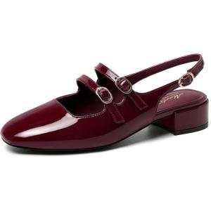imageMostrin Mary Jane Shoes Women Slingback Chunky Low Heels for Women Closed Rounded Toe Ankle Strap Pumps Daily Wedding Party Dress ShoesBurgundy