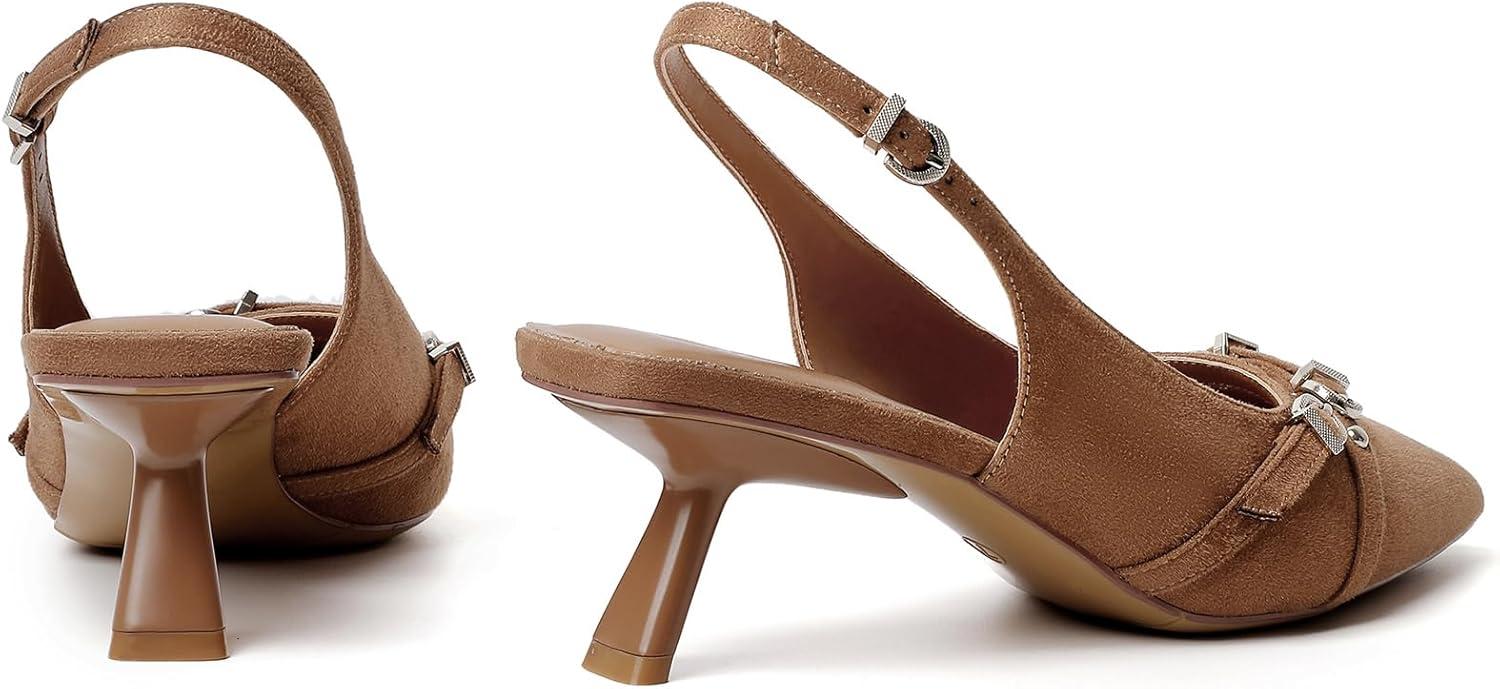 imageMostrin Kitten Heels for Women Pointed Toe Pumps Patent Leather Low Heel Slingback Heels with Buckle Dress Shoes for Dating Party WorkingBrown Suede 03