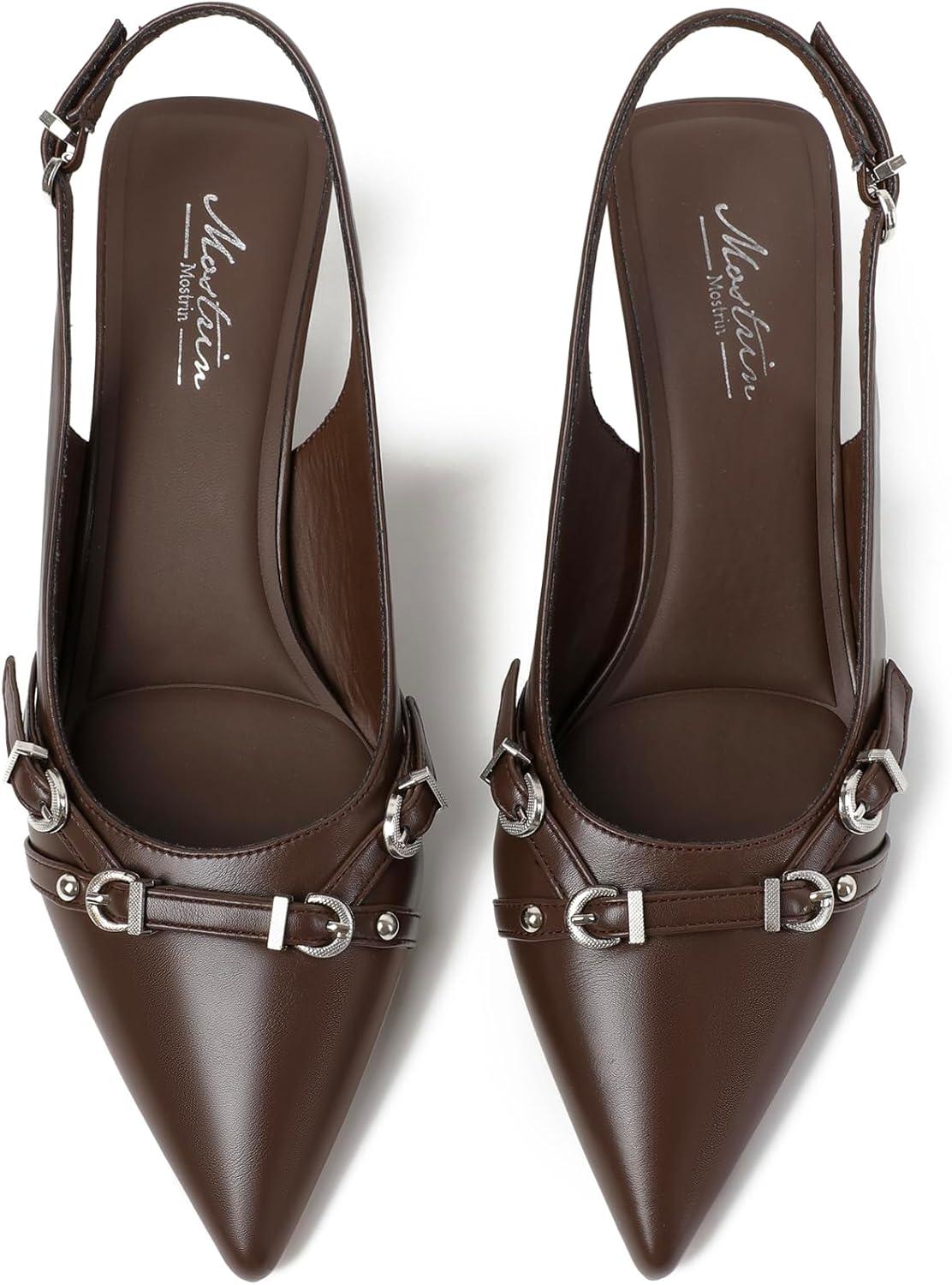 imageMostrin Kitten Heels for Women Pointed Toe Pumps Patent Leather Low Heel Slingback Heels with Buckle Dress Shoes for Dating Party WorkingChocbrown 03