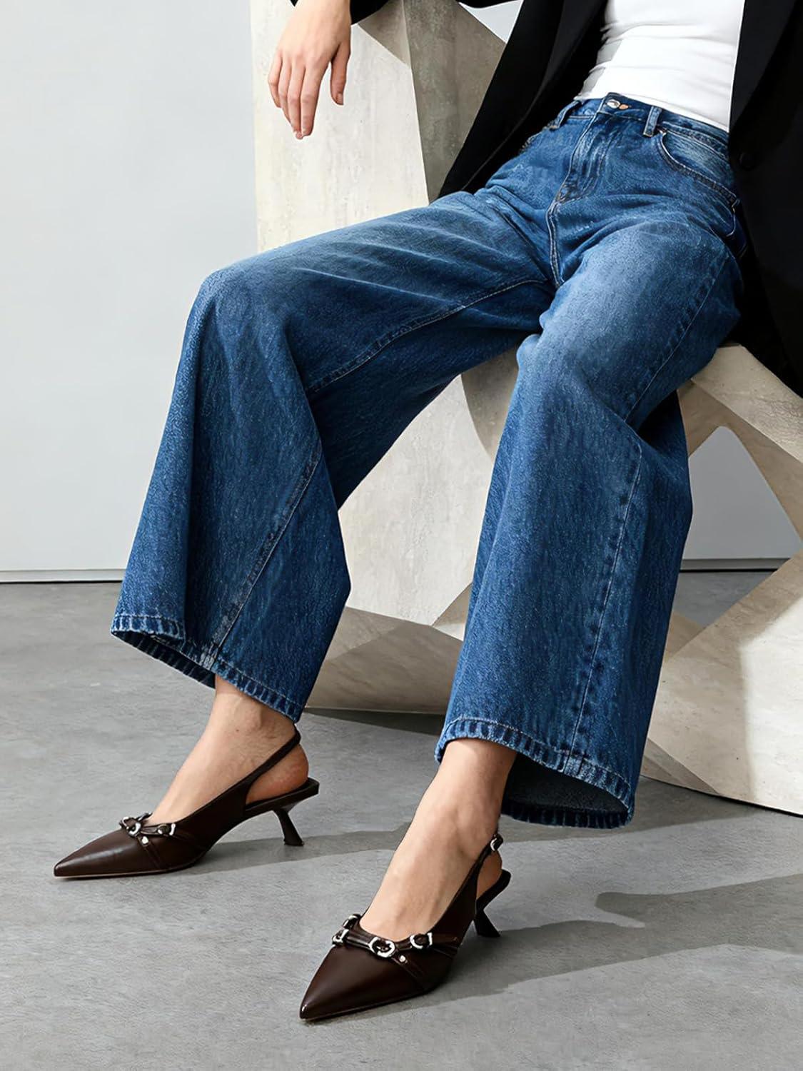 imageMostrin Kitten Heels for Women Pointed Toe Pumps Patent Leather Low Heel Slingback Heels with Buckle Dress Shoes for Dating Party WorkingChocbrown 03