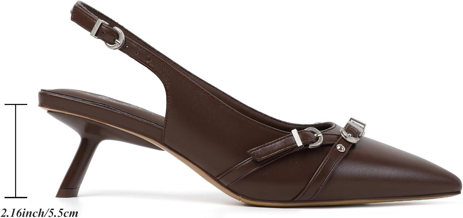 imageMostrin Kitten Heels for Women Pointed Toe Pumps Patent Leather Low Heel Slingback Heels with Buckle Dress Shoes for Dating Party WorkingChocbrown 03