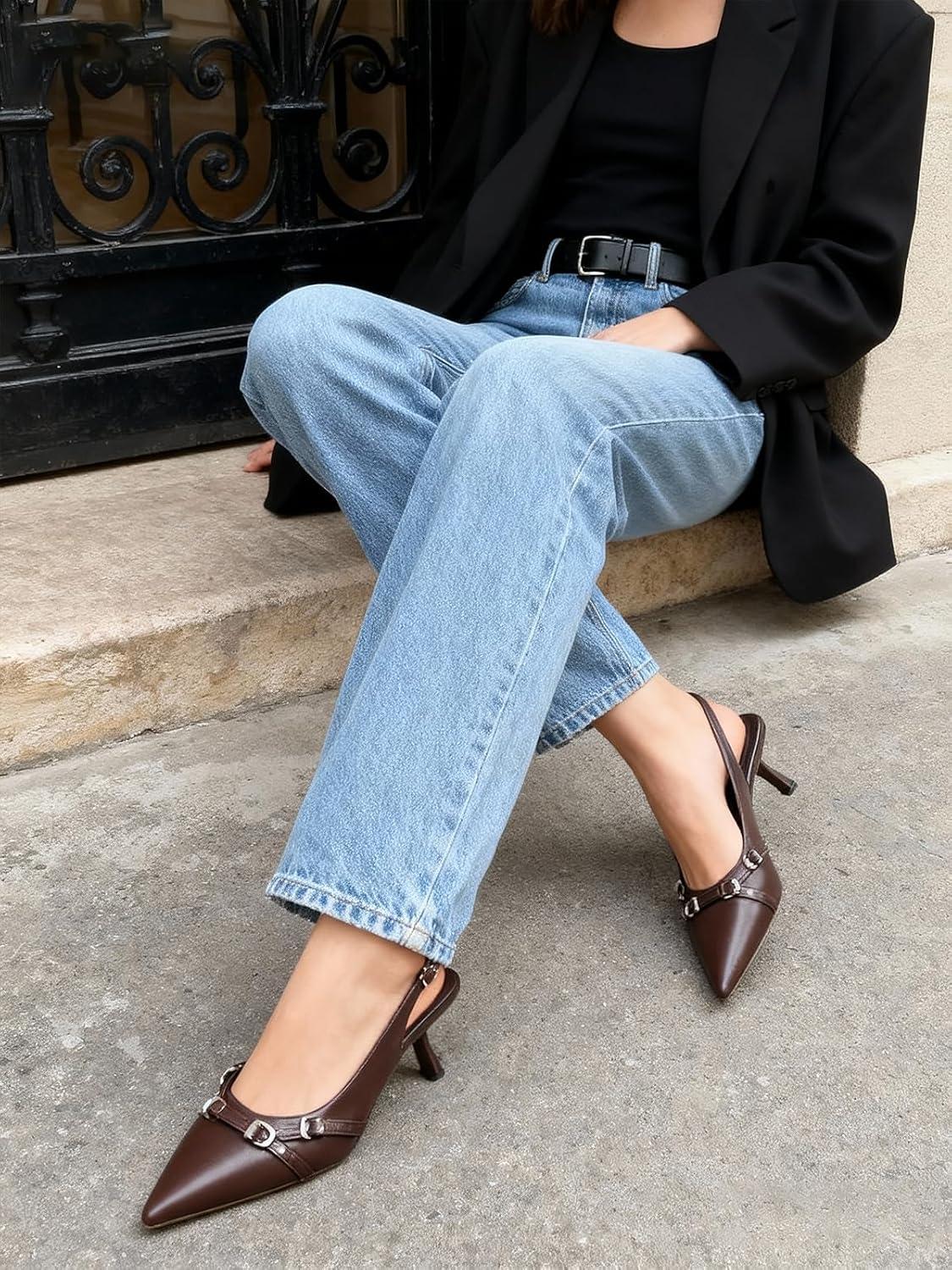 imageMostrin Kitten Heels for Women Pointed Toe Pumps Patent Leather Low Heel Slingback Heels with Buckle Dress Shoes for Dating Party WorkingChocbrown 03