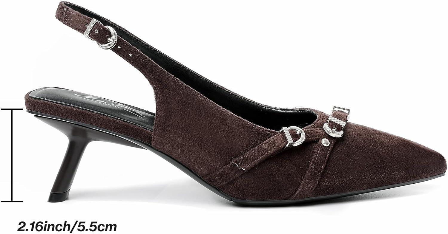imageMostrin Kitten Heels for Women Pointed Toe Pumps Patent Leather Low Heel Slingback Heels with Buckle Dress Shoes for Dating Party WorkingDarkbrown Suede 03
