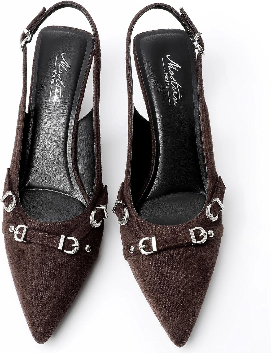 imageMostrin Kitten Heels for Women Pointed Toe Pumps Patent Leather Low Heel Slingback Heels with Buckle Dress Shoes for Dating Party WorkingDarkbrown Suede 03