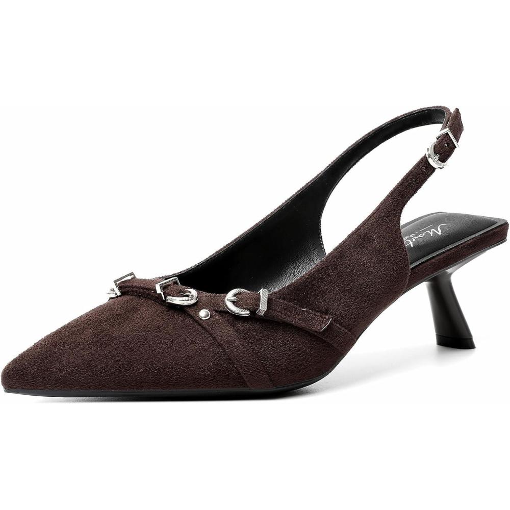 imageMostrin Kitten Heels for Women Pointed Toe Pumps Patent Leather Low Heel Slingback Heels with Buckle Dress Shoes for Dating Party WorkingDarkbrown Suede 03