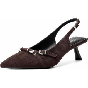 imageMostrin Kitten Heels for Women Pointed Toe Pumps Patent Leather Low Heel Slingback Heels with Buckle Dress Shoes for Dating Party WorkingDarkbrown Suede 03