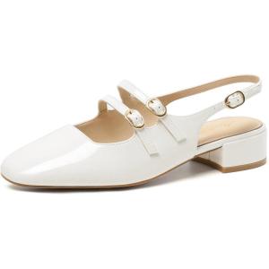 imageMostrin Mary Jane Shoes Women Slingback Chunky Low Heels for Women Closed Rounded Toe Ankle Strap Pumps Daily Wedding Party Dress ShoesWhite