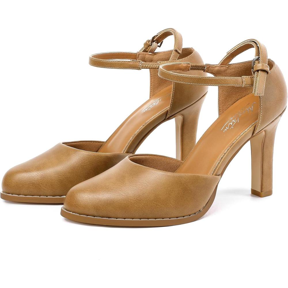 image:imageMostrin Closed Toe Chunky High Heels Comfortable Dress Shoes for Women Pumps Vintage Heels Dressy Wedding Party Formal Office Business DOrsay Pumps ShoesLight Brown