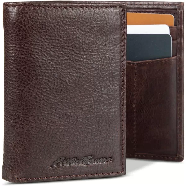 Eddie Bauer Mens Signature Logo Leather Trifold Wallet with 6 Card Slots and RFID ProtectionBrown