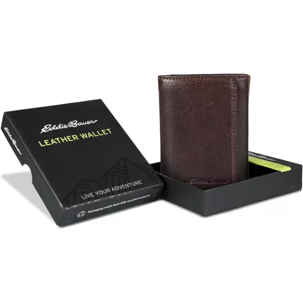 Eddie Bauer Mens Signature Logo Leather Trifold Wallet with 6 Card Slots and RFID ProtectionBrown