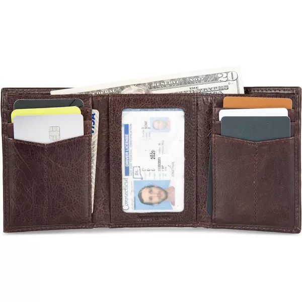 Eddie Bauer Mens Signature Logo Leather Trifold Wallet with 6 Card Slots and RFID ProtectionBrown