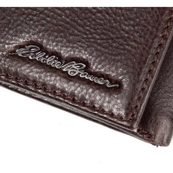 Eddie Bauer Mens Signature Logo Leather Trifold Wallet with 6 Card Slots and RFID ProtectionBrown