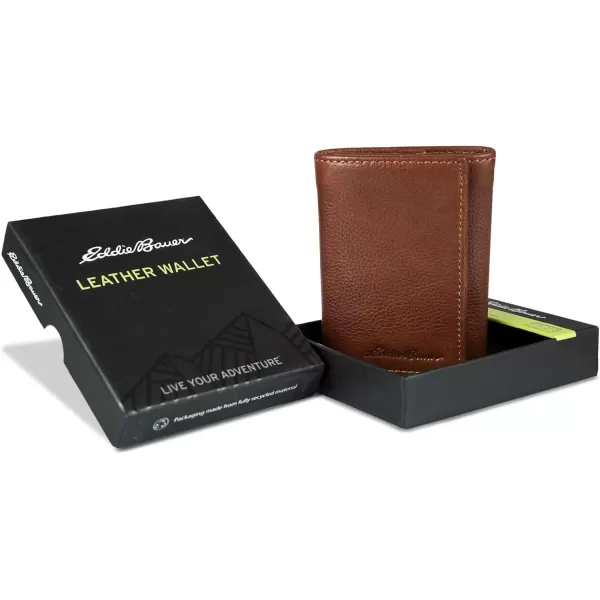 Eddie Bauer Mens Signature Logo Leather Trifold Wallet with 6 Card Slots and RFID ProtectionTan