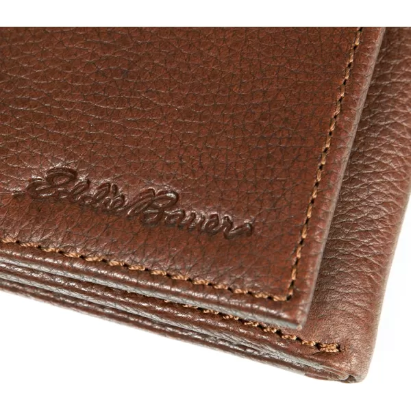 Eddie Bauer Mens Signature Logo Leather Trifold Wallet with 6 Card Slots and RFID ProtectionTan