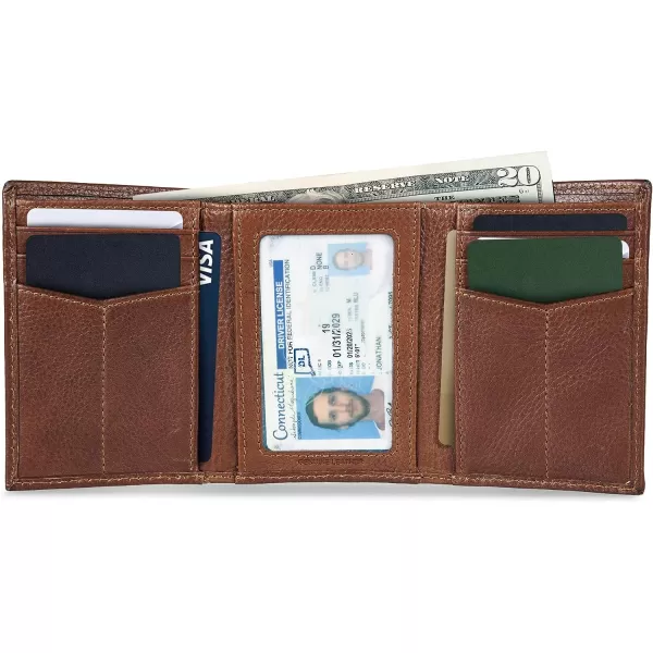 Eddie Bauer Mens Signature Logo Leather Trifold Wallet with 6 Card Slots and RFID ProtectionTan